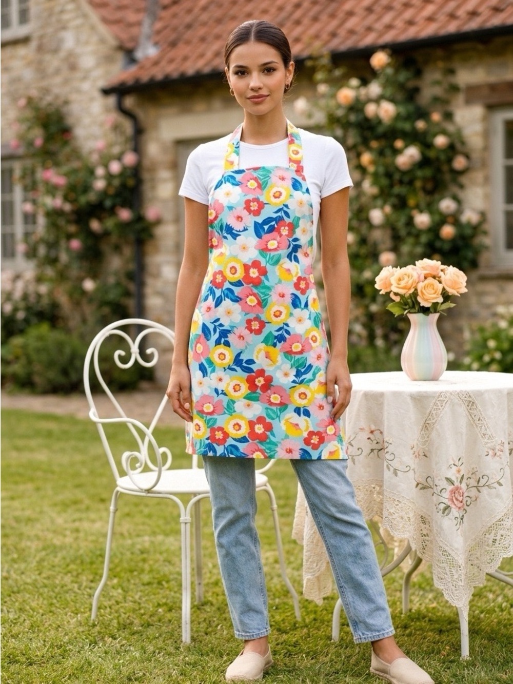 2010 - Floral Blue Cotton Kitchen Apron - Bright Multi-Color